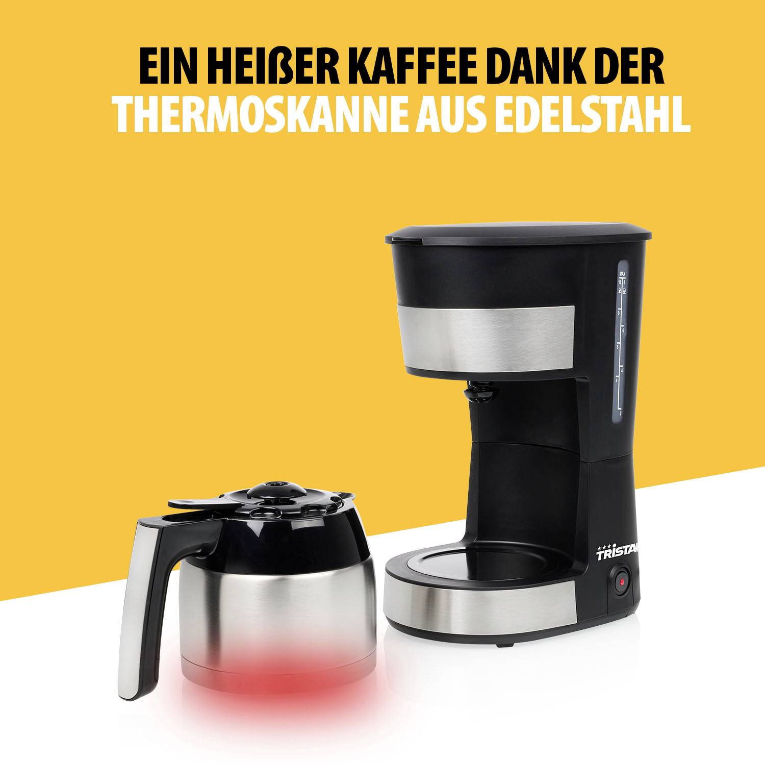 A coffee machine with a stainless steel thermal carafe. Above it reads the text: 'A hot coffee thanks to the stainless steel thermal carafe'