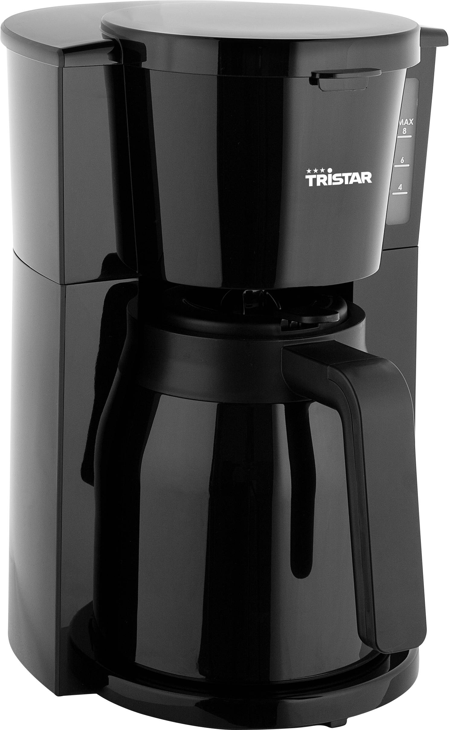 Black coffee machine with carafe, side view. Brand name 'Tristar' on the front.