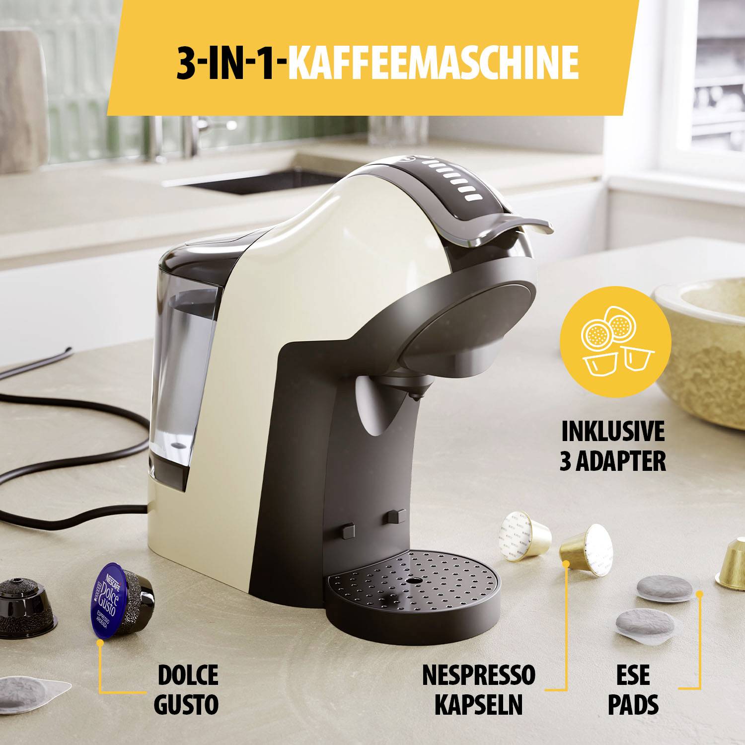 '3-in-1 Coffee Machine' with adapter options for Dolce Gusto, Nespresso and ESE Pods. Perfect for versatile coffee enjoyment.