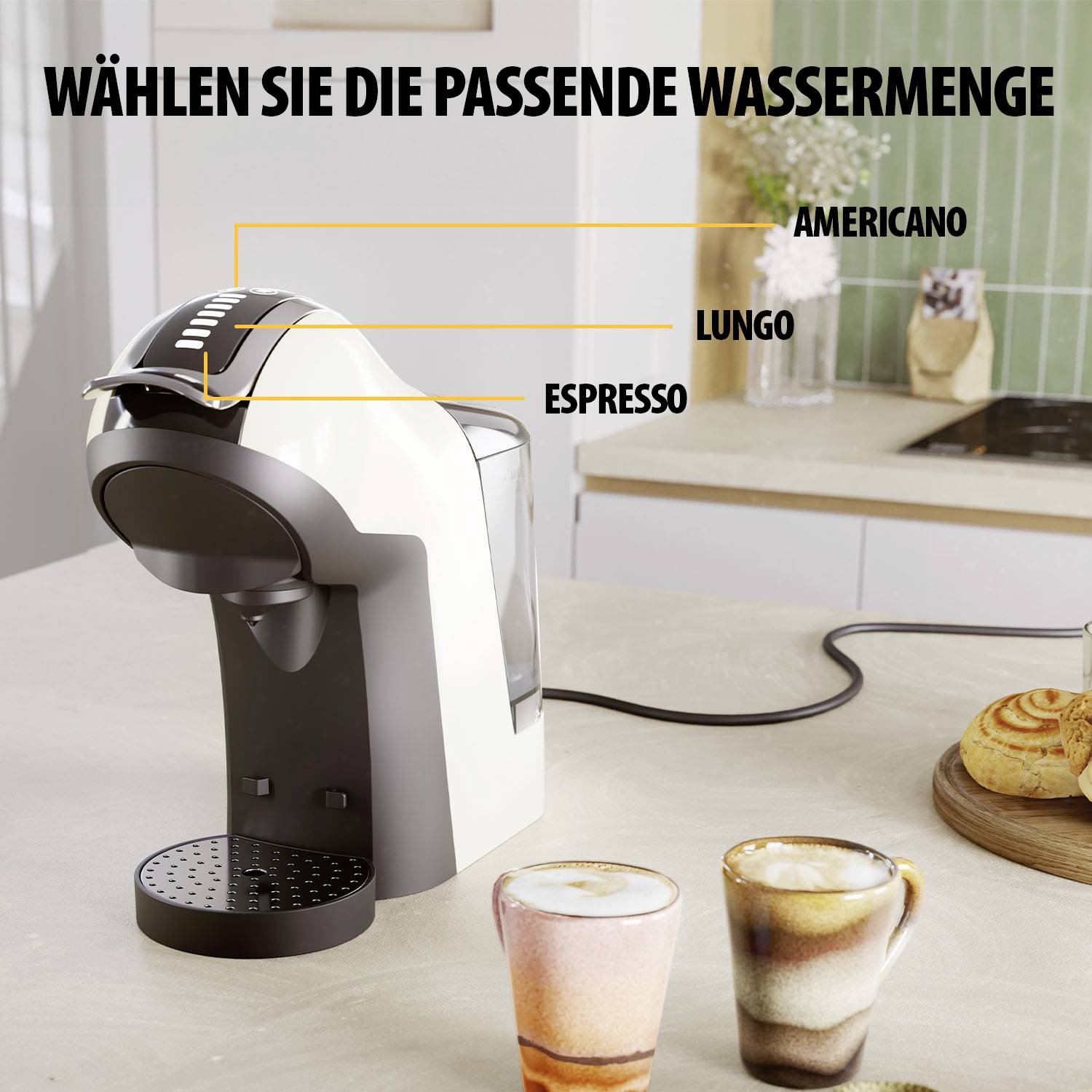 A coffee machine stands on a kitchen counter. Beside it are three cups: Americano, Lungo and Espresso, each with a different level of fill.
