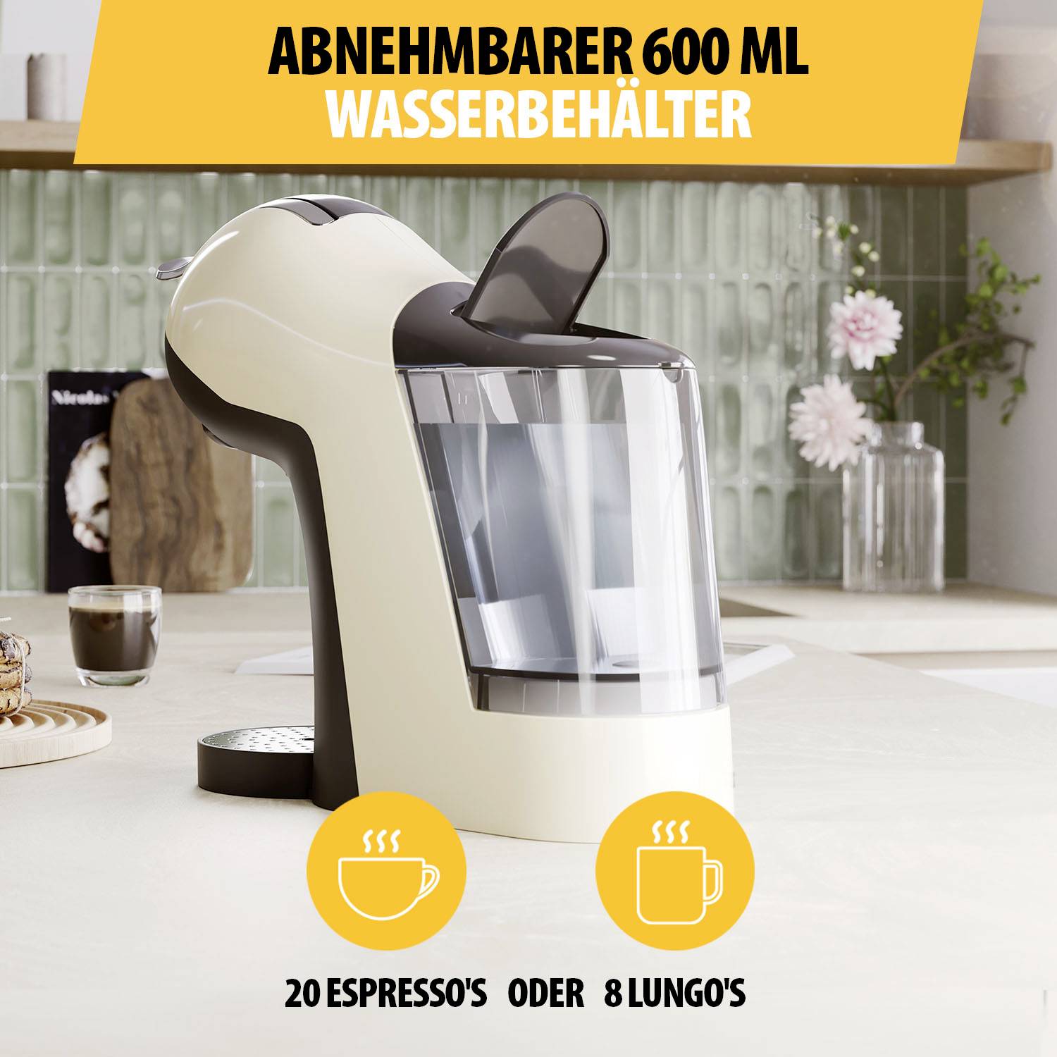 'Espresso machine with a removable 600 ml water tank. Displays symbols for 20 espressos or 8 lungos.' Kitchen decor in the background.