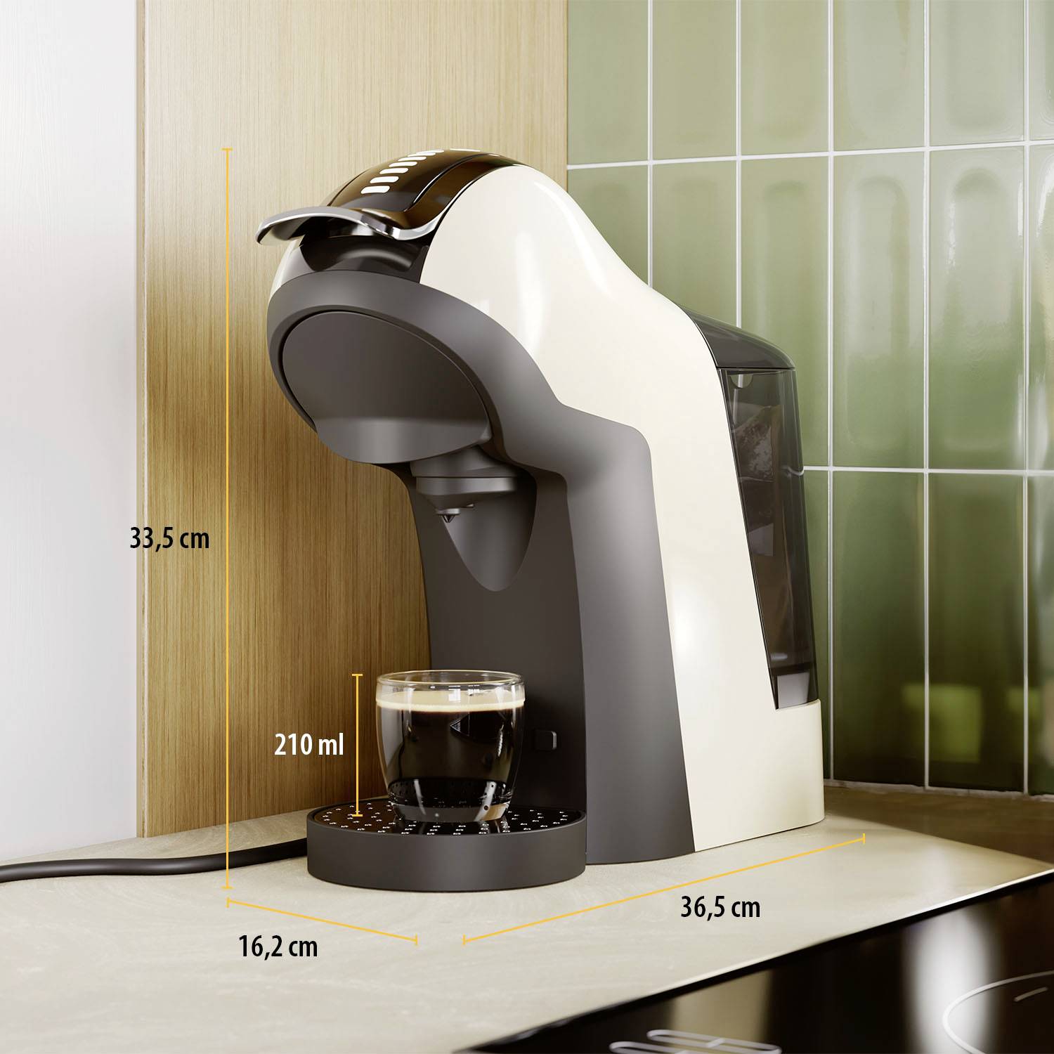 A white coffee machine on a worktop with a cup underneath, displaying the machine's dimensions and cup capacity in millilitres.