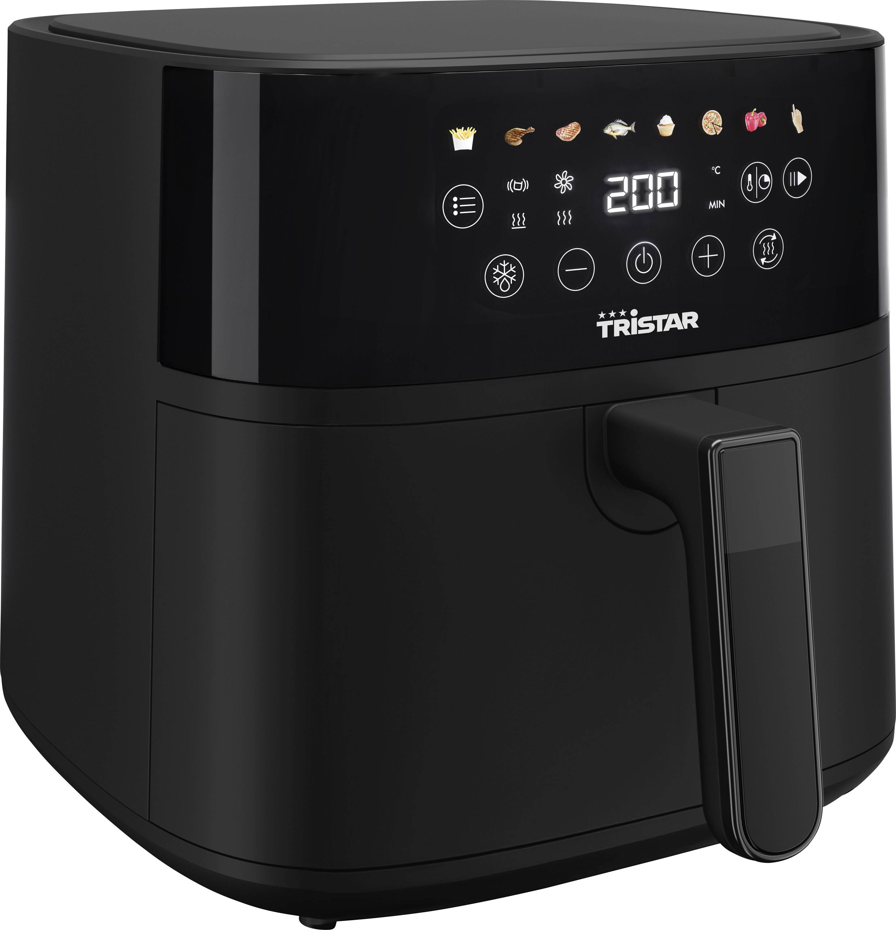 Black hot air fryer with digital display, temperature shown at 200 degrees, various cooking mode symbols at the top.