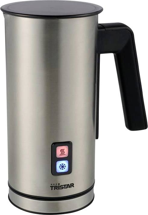 Electric milk frother with a silver stainless steel casing, black handle and two control buttons for hot and cold functions.