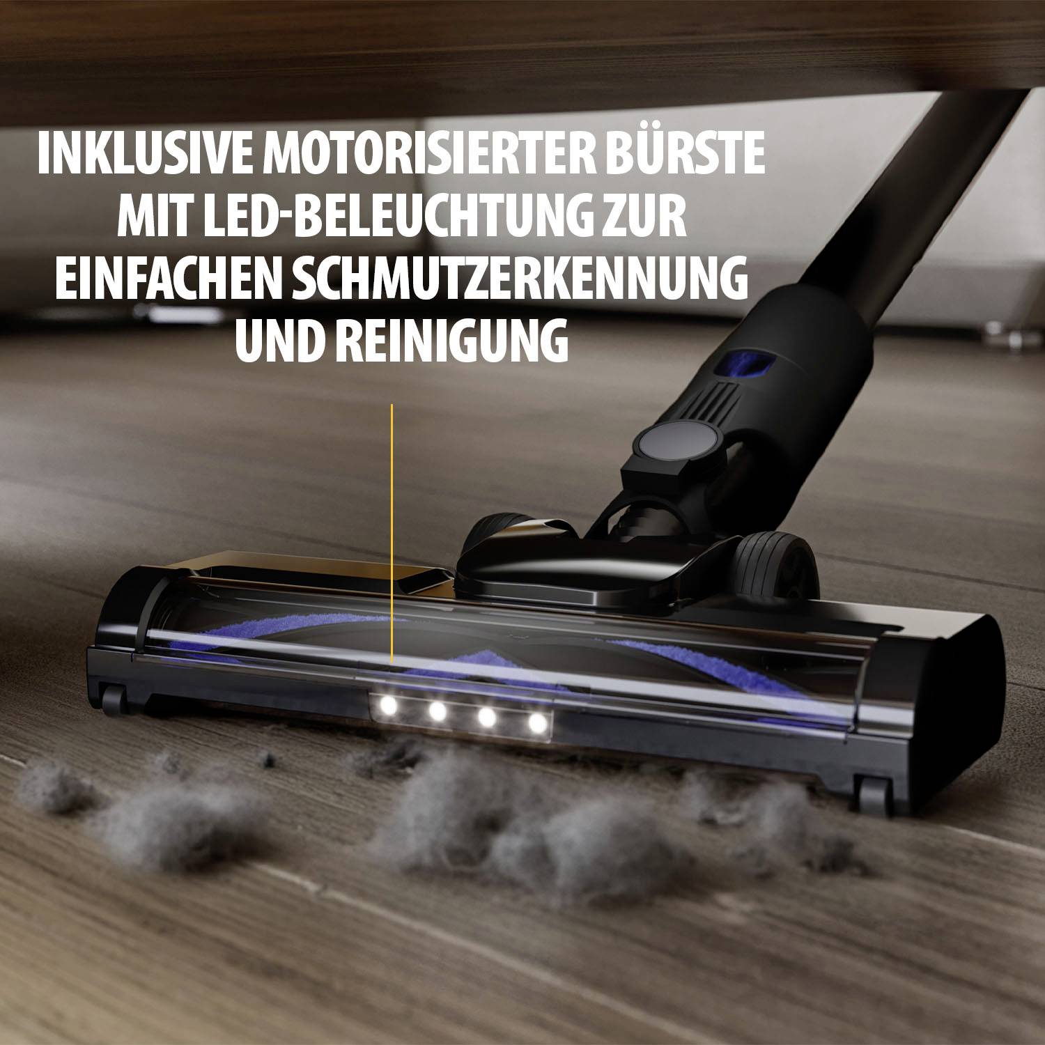 Vacuum Cleaner Brush with LED Lighting Sucks Up Dirt. Text: 'Includes motorised brush with LED lighting for easy dirt detection and cleaning'.