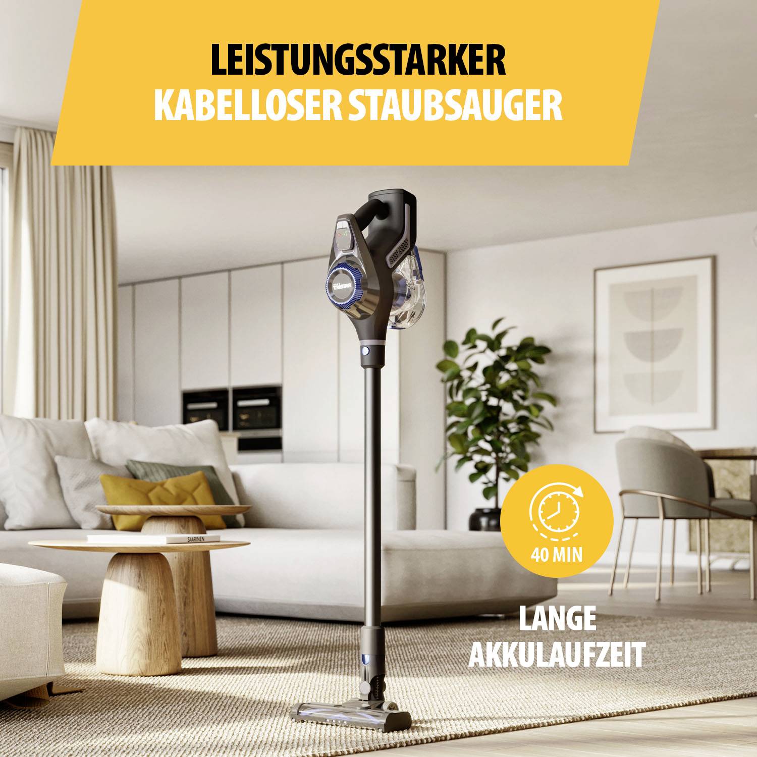 'High-performance cordless vacuum cleaner' in a modern living room. Highlighted features: long battery life of 40 minutes.