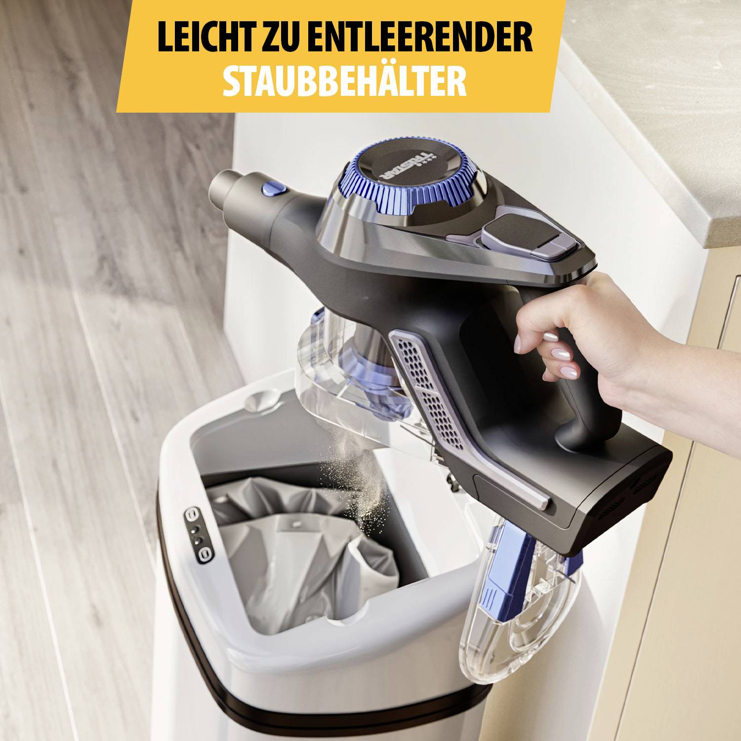 A person empties the dust container of a cordless vacuum cleaner into a bin. At the top it reads: 'Easy to empty dust container'.