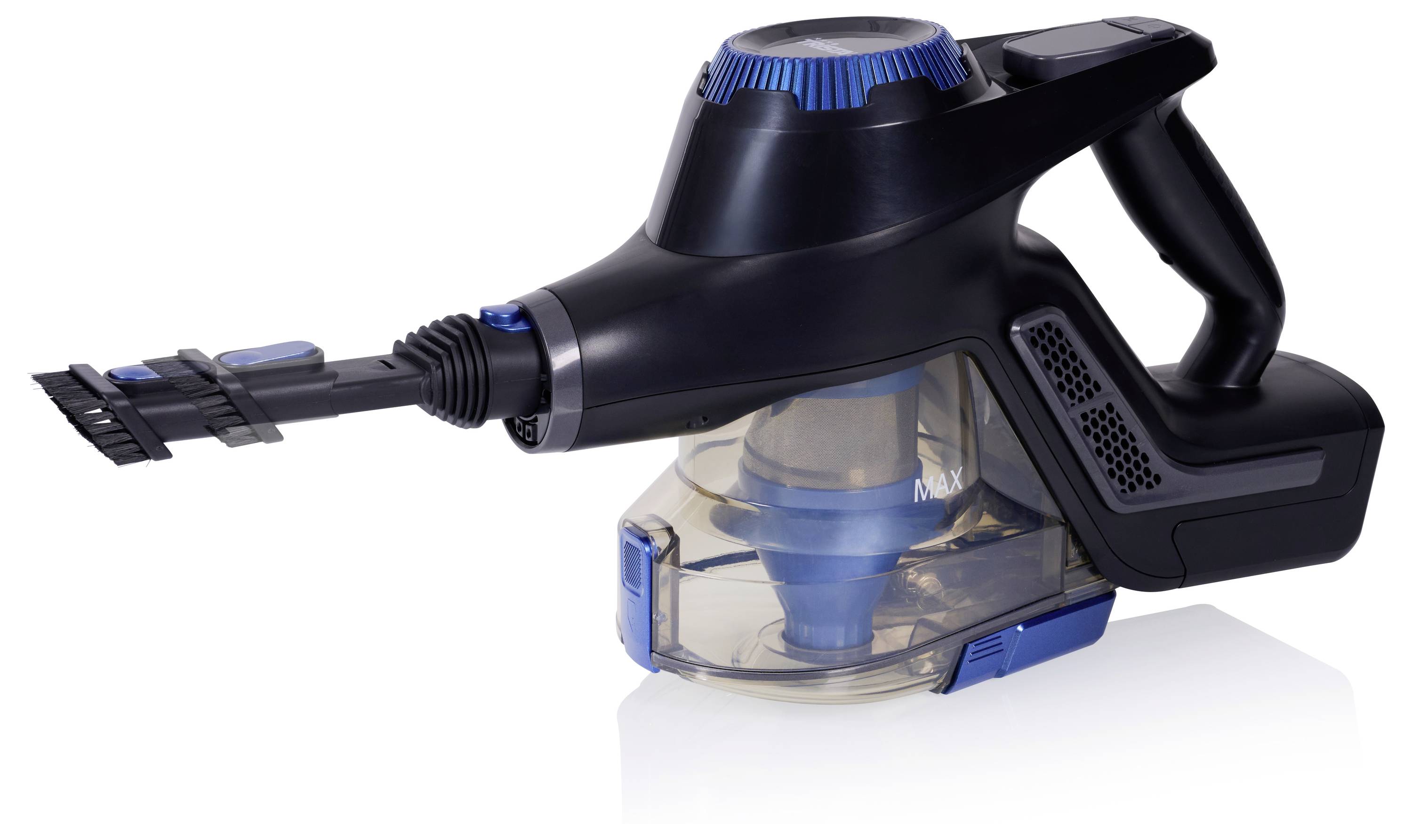 Black and blue portable handheld vacuum cleaner with a transparent container and flexible hose for cleaning hard-to-reach areas.