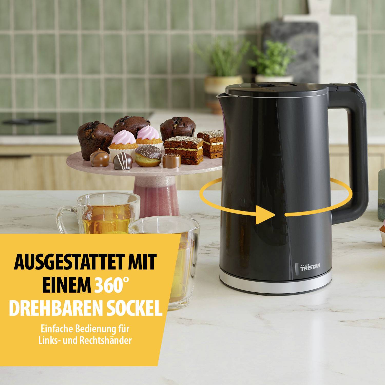 Electric kettle on kitchen worktop, surrounded by mugs and pastries. Text: 'Fitted with a 360° rotatable base'.