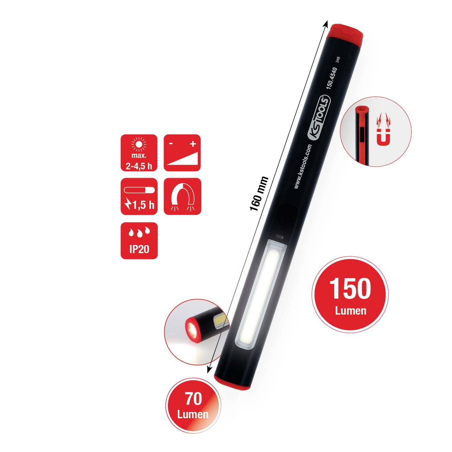 Pen-style hand torch, black and red, 160 mm tall, 150 lumens bright, battery life 2-4.5 hours, USB charging option, IP20 protection rating.