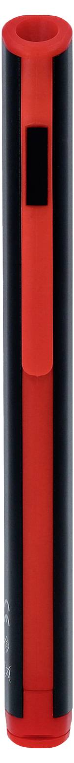 A red and black cylindrical pen, vertically positioned, with rounded edges and a smooth surface.