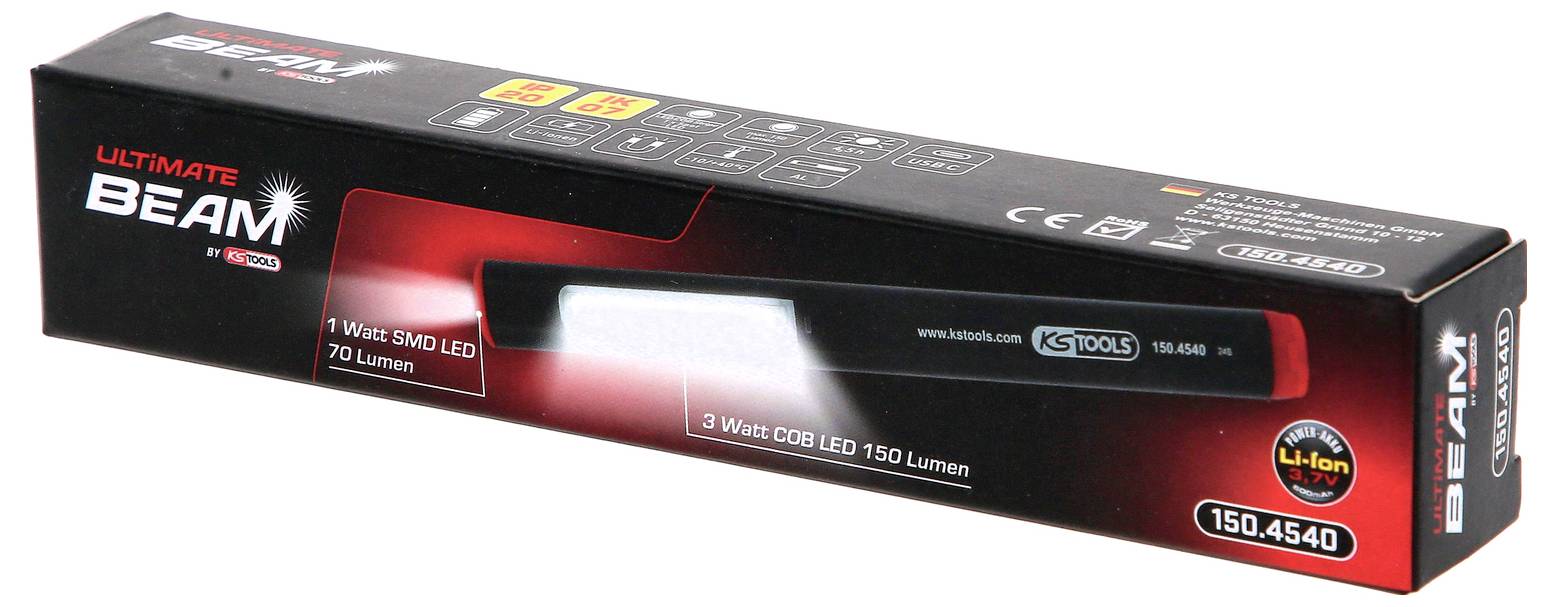 Black LED lamp in packaging. Labelled with '3 Watt COB LED 150 Lumens' and brand logo.