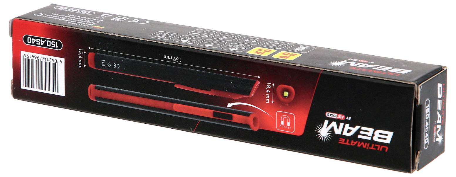 A rectangular packaging with the text 'ULTIMATE BEAM'. Displays the product and a barcode. The colours are predominantly black and red.
