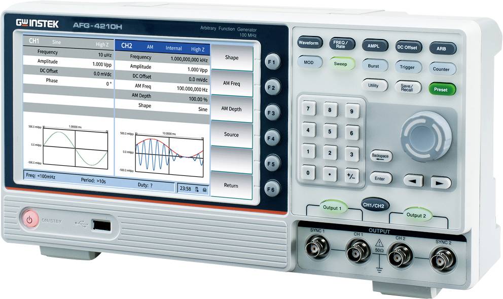 Function generator with display showing a rectangular and sine signal. Controls and connections are located on the right and bottom.