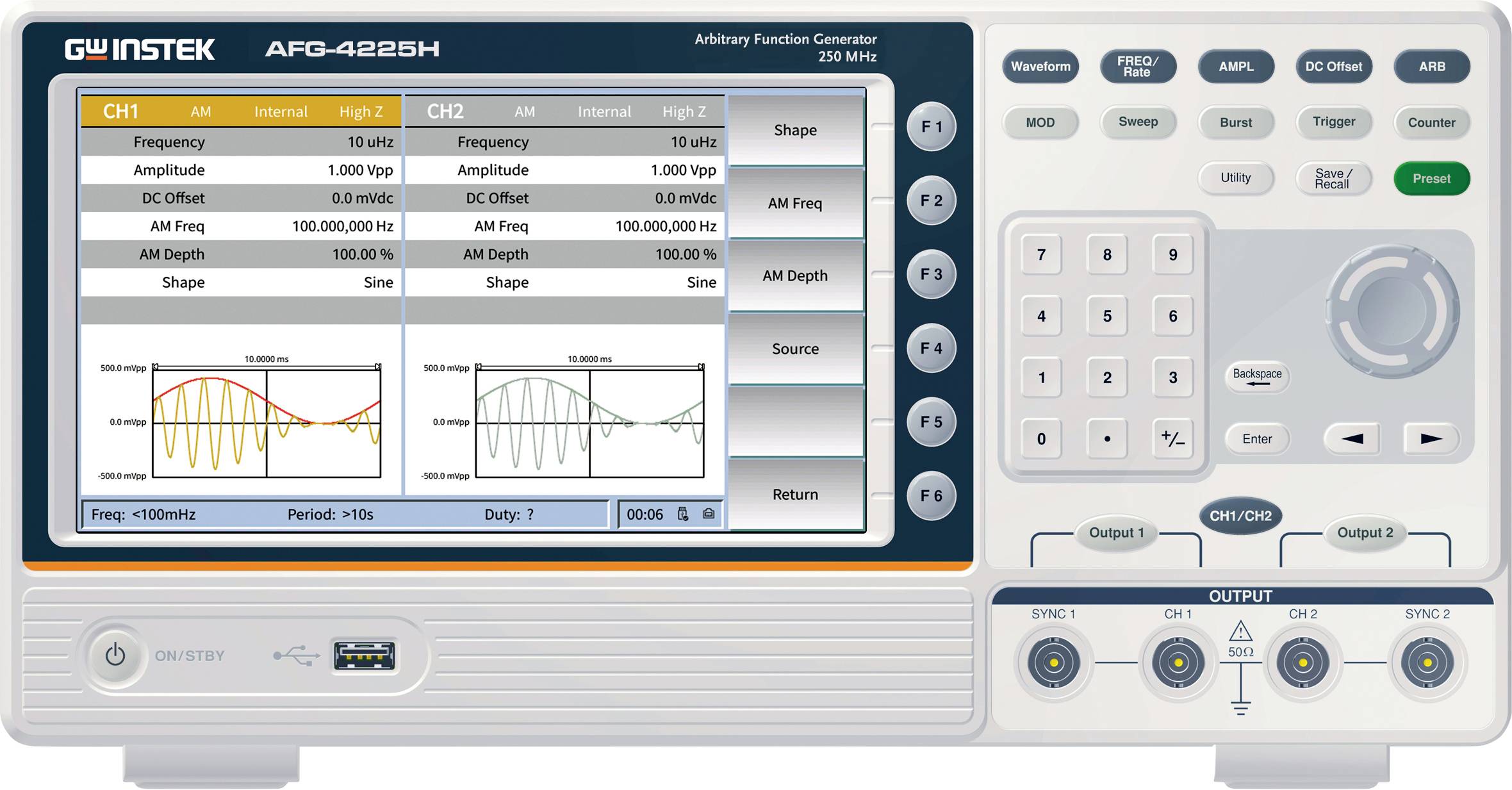 GW Instek Mains-powered 250 MHz (max) 2-channel Triangle, Sinus, Rectangle, Noise, Arbitrary