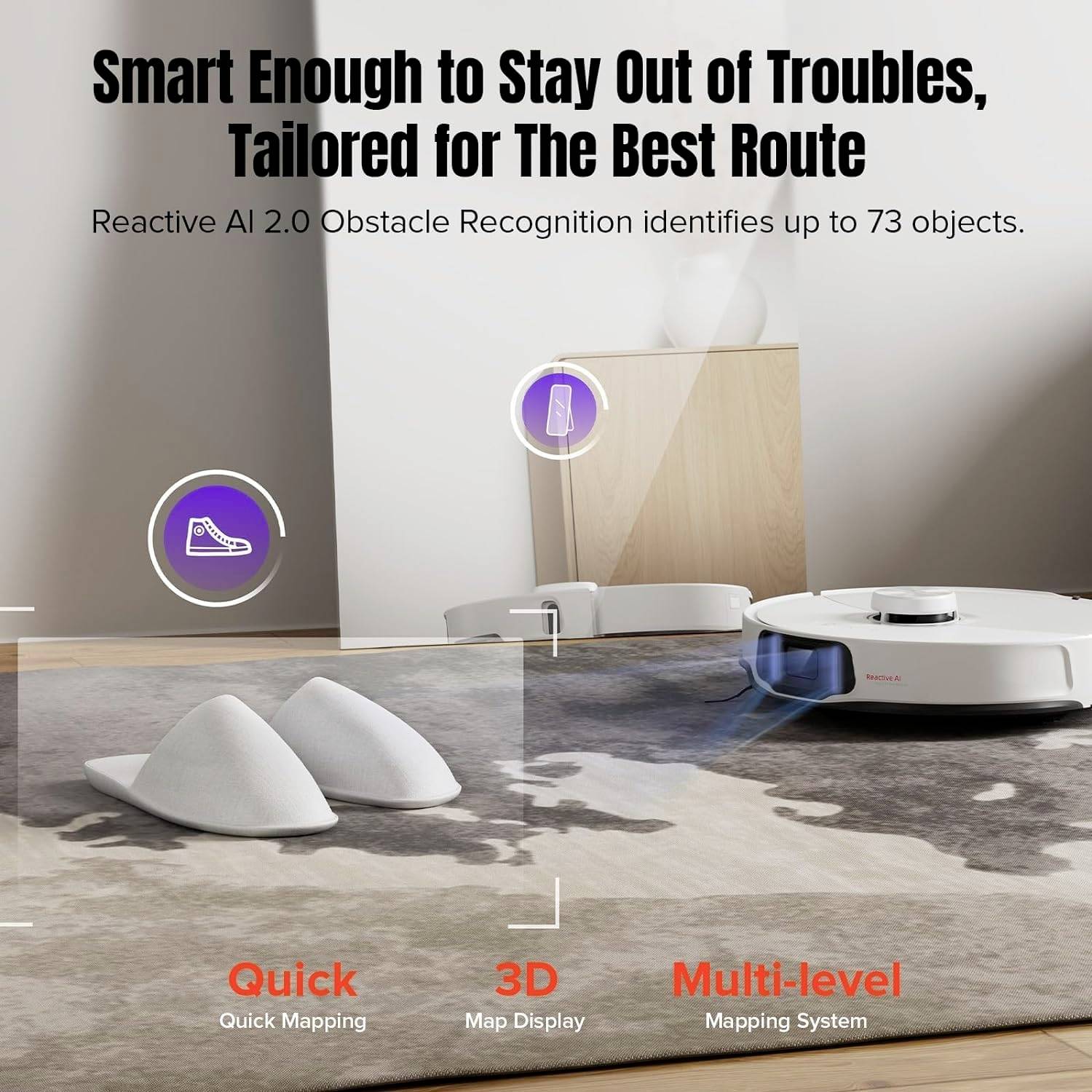 A white robotic vacuum cleaner with obstacle detection navigates around objects. The text emphasises its adaptive route planning.