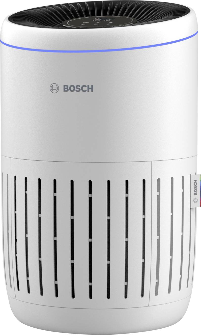 Air purifier with vertical ventilation slots and control panel on top. Brand name and logo on the front.