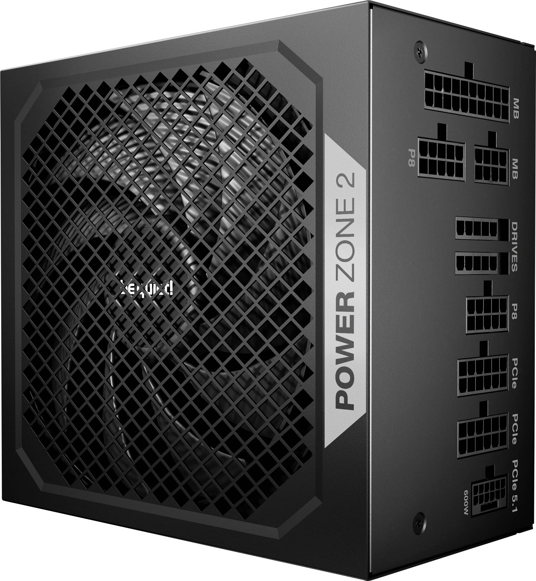 Black computer power supply with a fan and multiple cable connections on one side, labelled 'Power Zone 2'.