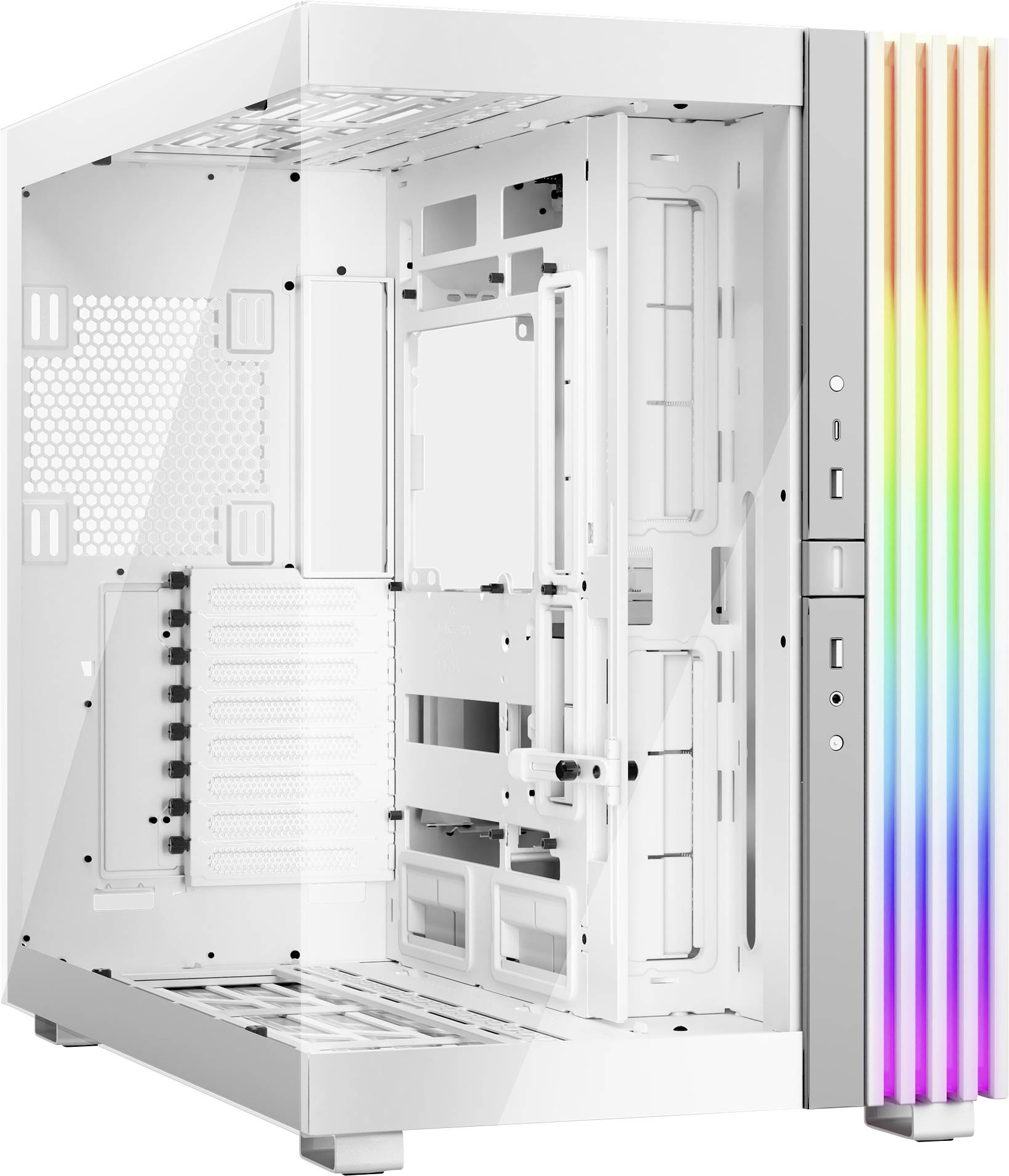 White computer case with LED strips on the front panel that illuminate in rainbow colours. Suitable for gaming setups.