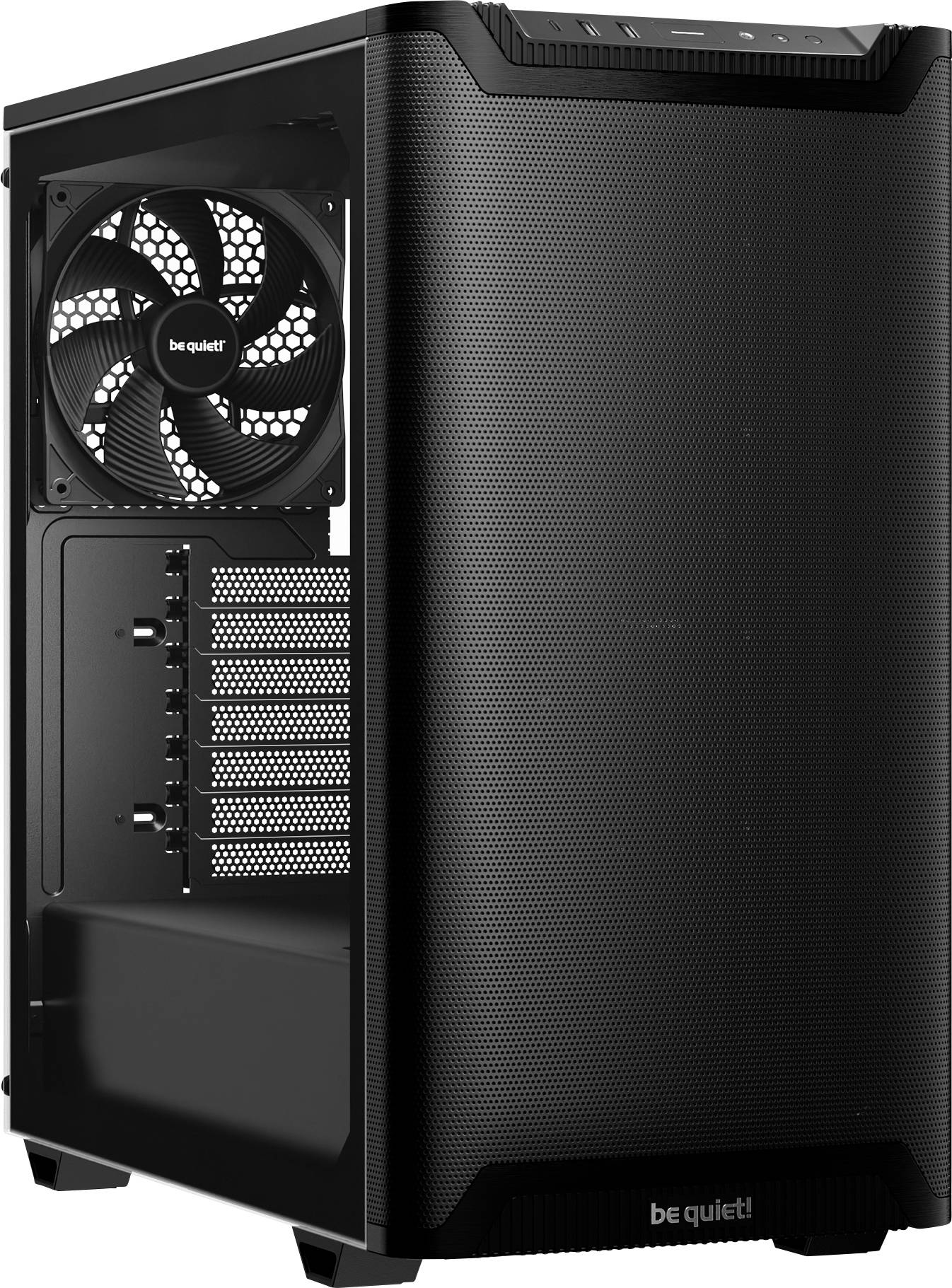 Black computer case with side ventilation and multiple expansion slots. Front panel made of mesh material for improved airflow.