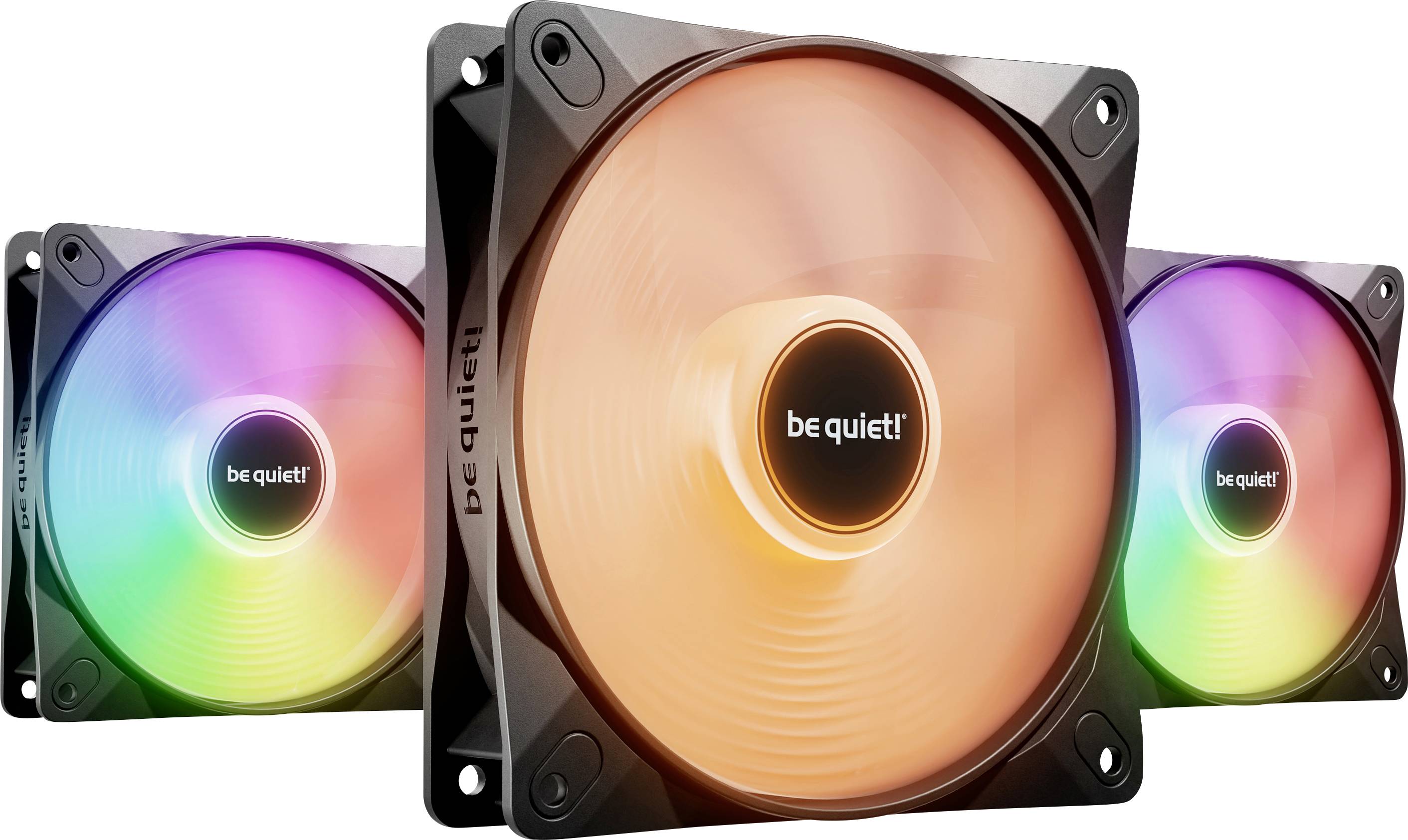 Three colourful PC fans by be quiet! with RGB lighting. The front fan is illuminated orange, whilst the rear fans display colour gradients.