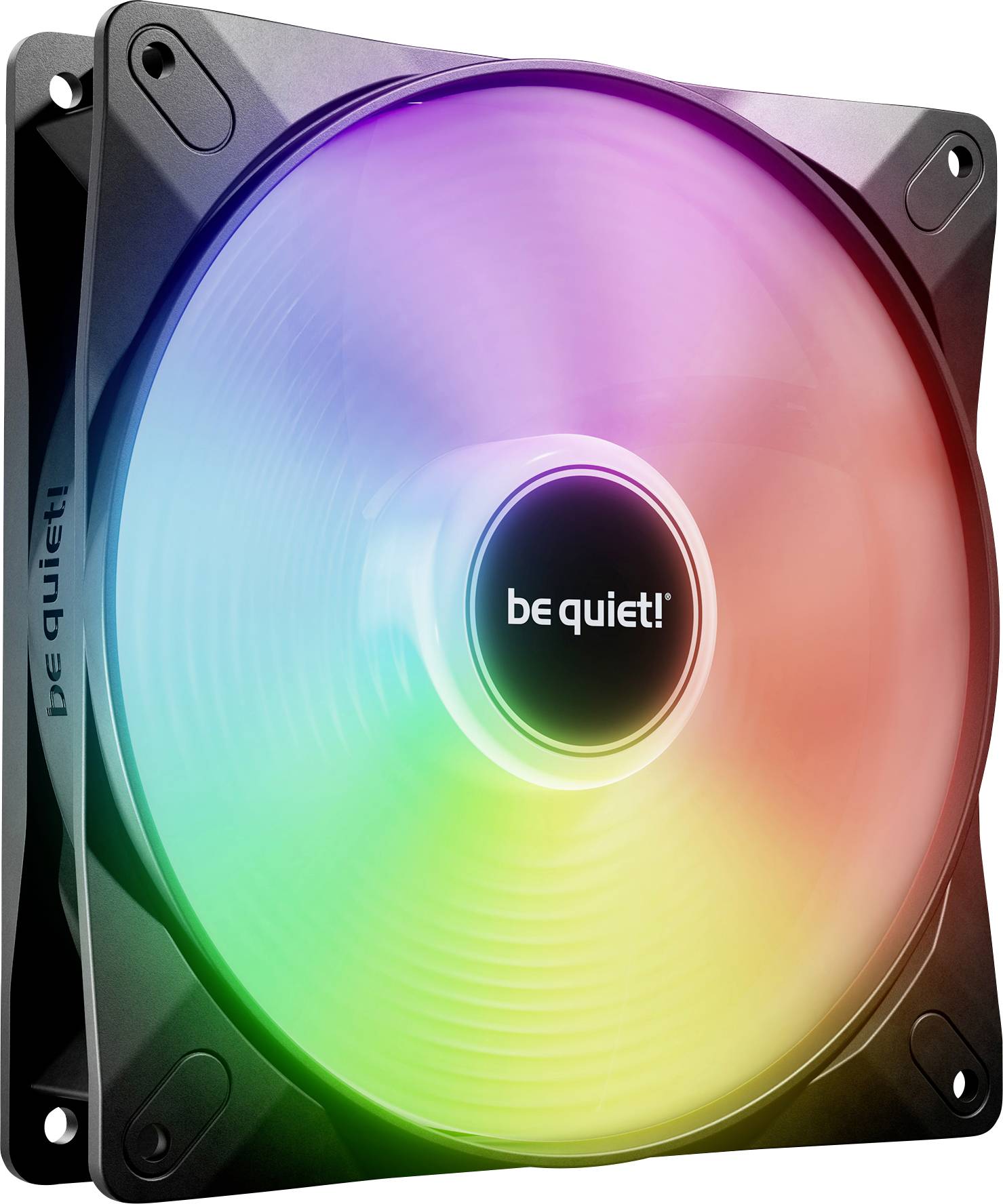 A large computer fan with rainbow LED lighting, marked with 'be quiet!' in the centre, displays a modern design.