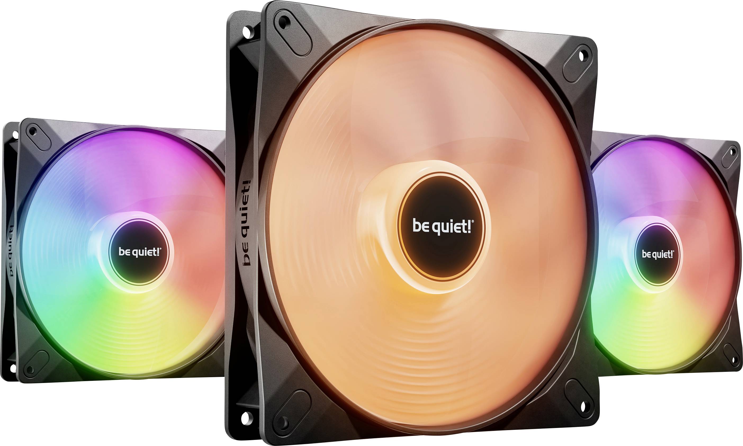 Three computer fans by be quiet! with RGB lighting; the front fan glows orange, while the other two display a colourful interplay.