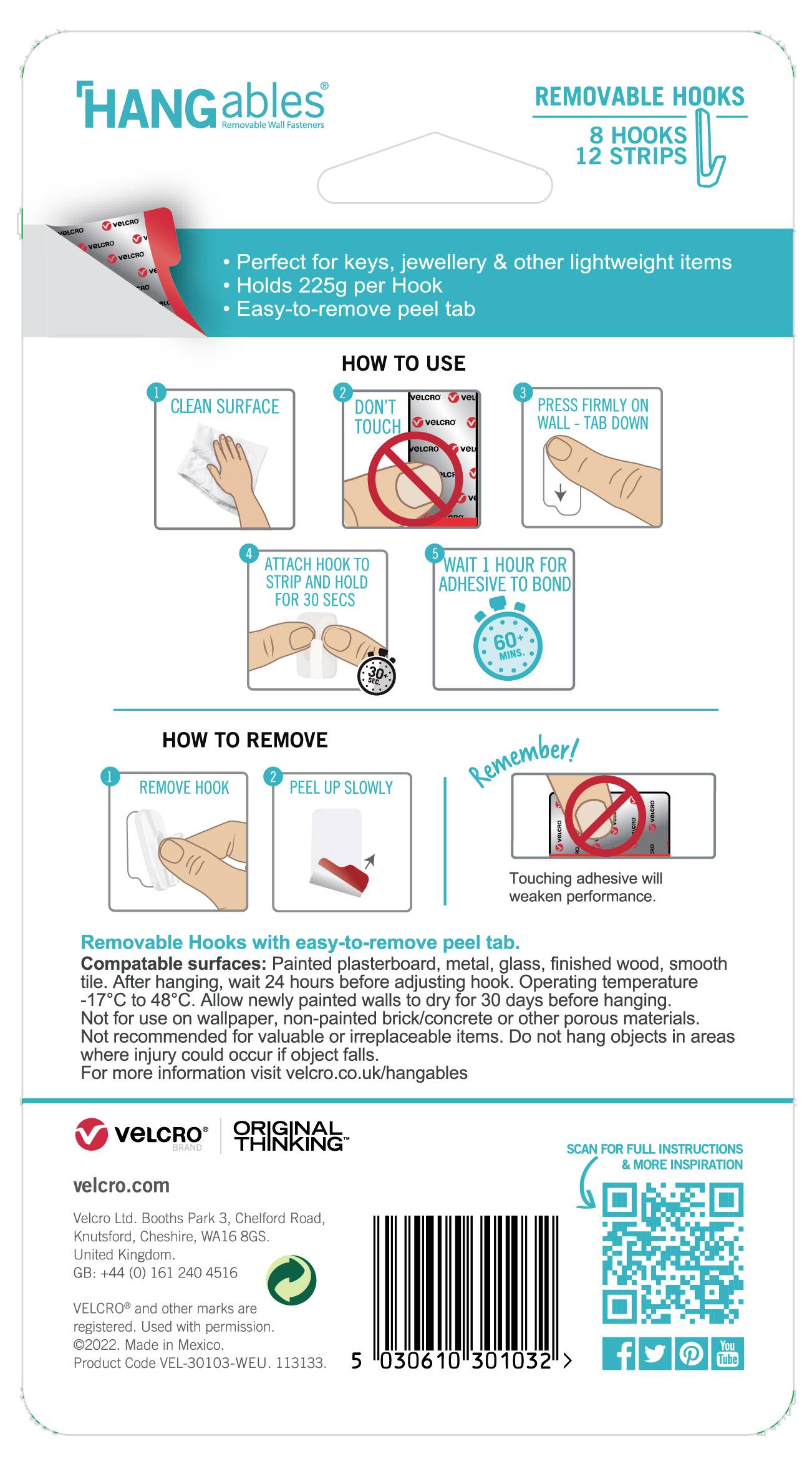 Back of a Packaging with Instructions for Using Removable Hooks. Shows Usage Examples, Application Guidelines, and Contact Information.