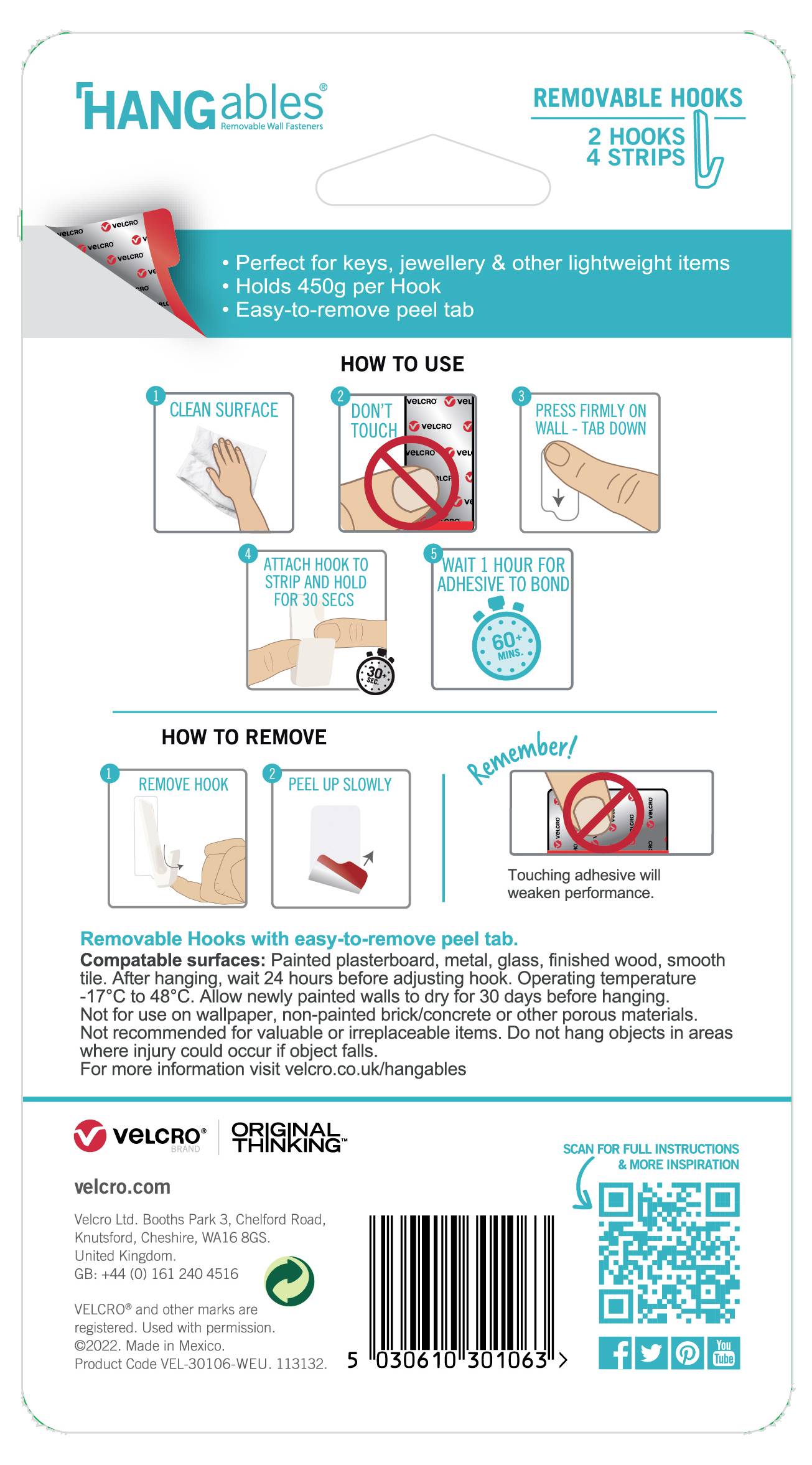 'Hangables' removable hooks for light objects. Instructions show attachment and removal. Contains 2 hooks and strips.