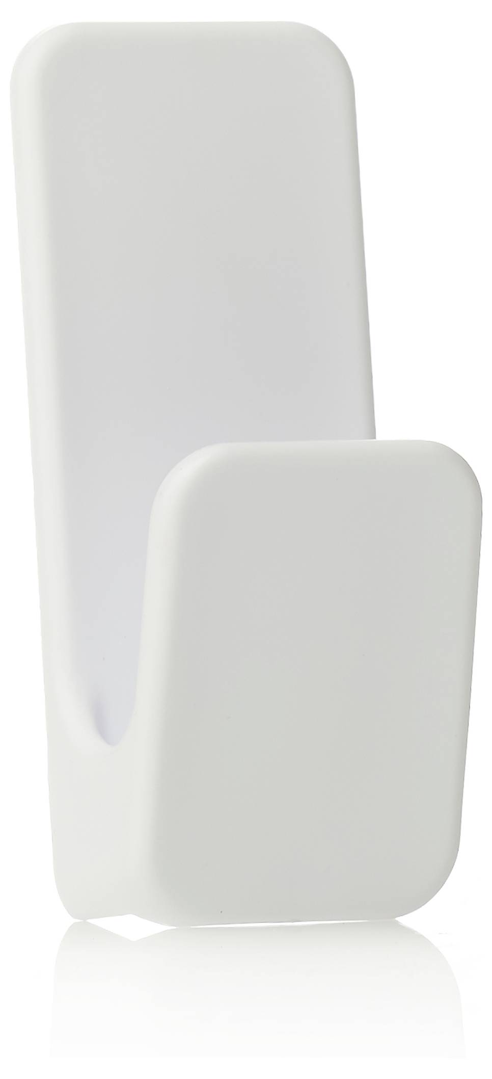 A white, modern wall hook made of plastic, suitable for holding light objects.