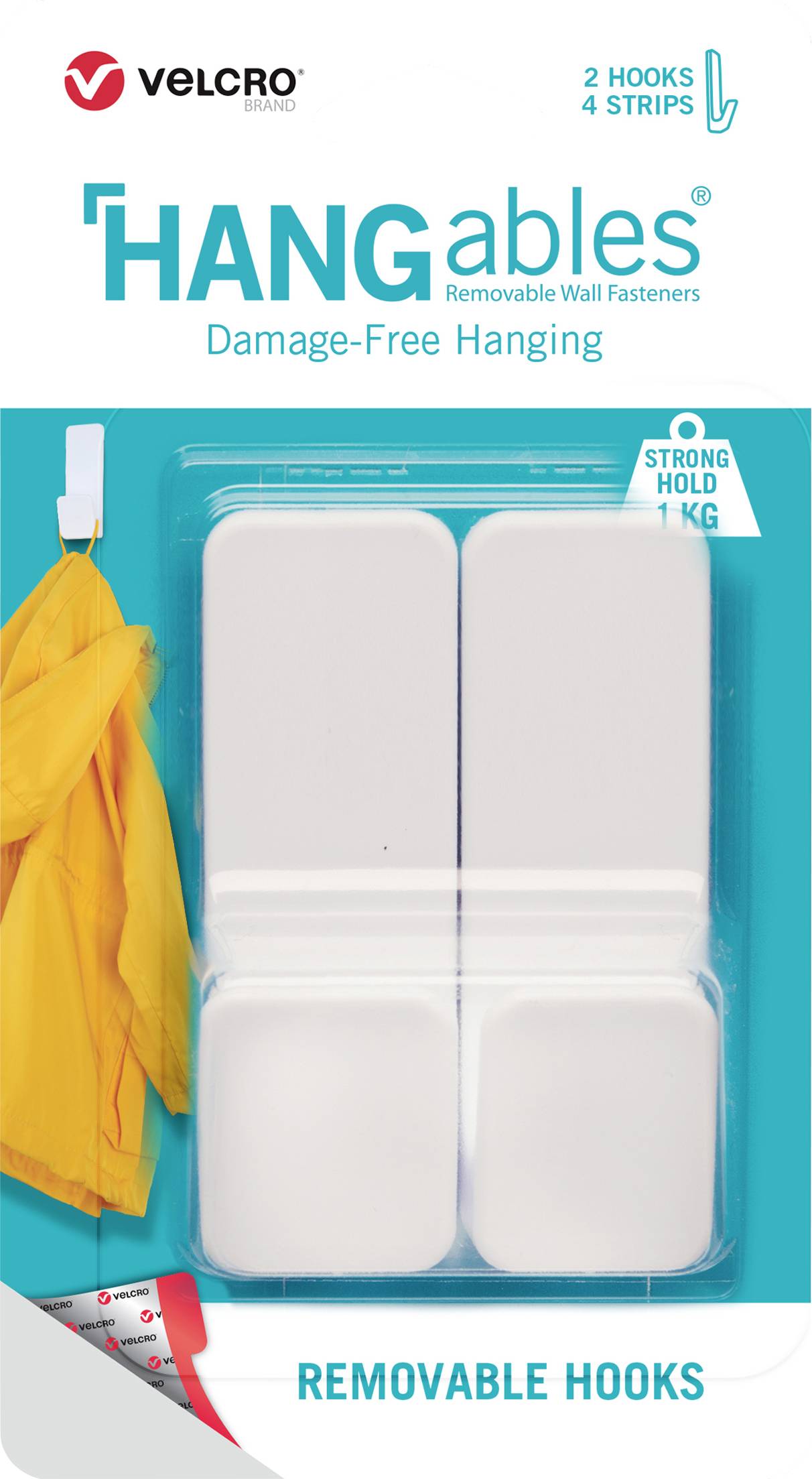 'Velcro Hangables Removable Wall Hooks', 2 hooks, 4 strips, load capacity 1 kg, for damage-free wall mounting.