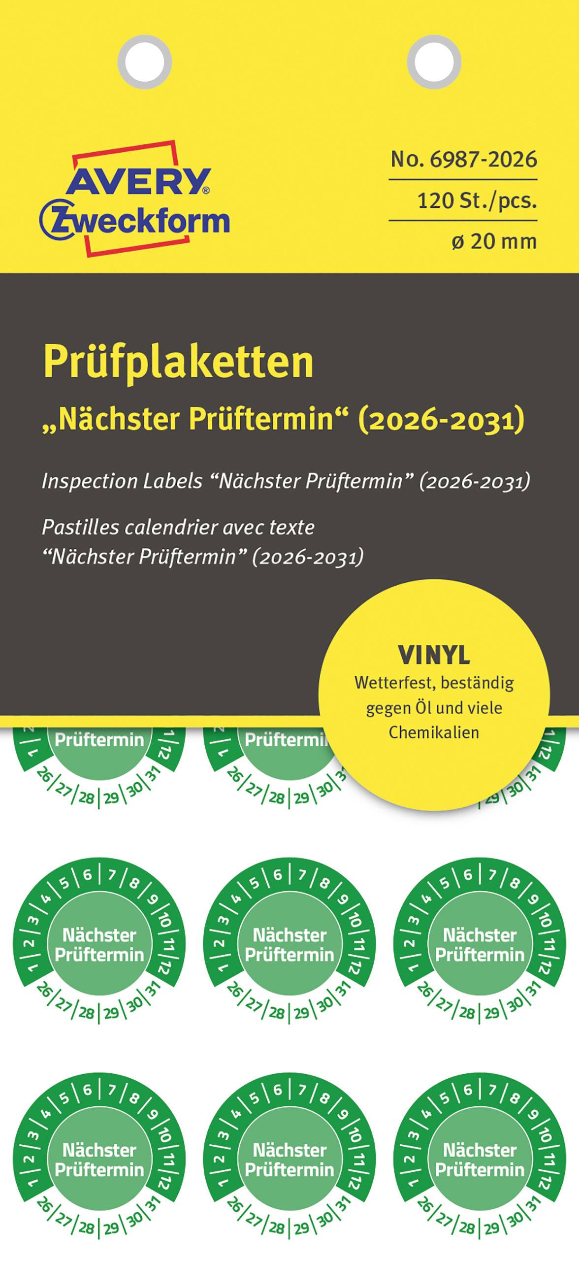 'Inspection labels' for marking inspection dates 2026-2031. Weather-resistant, resilient against oil and chemicals.