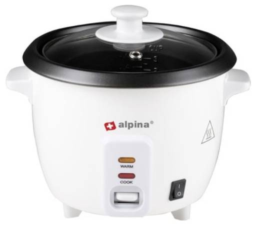 A white rice cooker by the brand 'alpina' with two indicator lights for 'warm' and 'cook' and an on/off switch on the front.