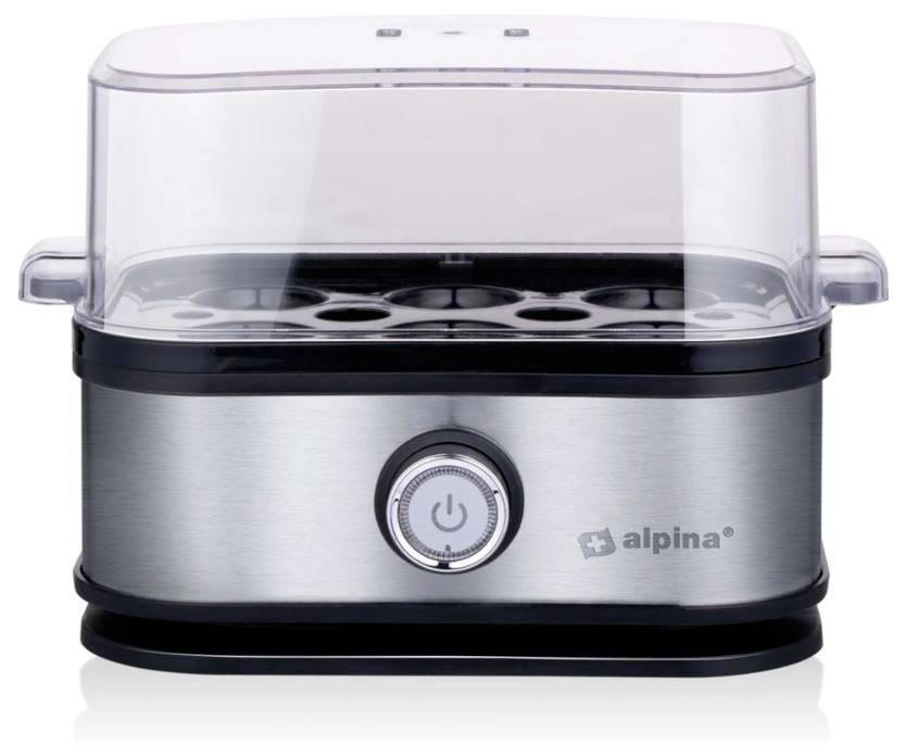 Stainless Steel Electric Egg Cooker with Transparent Lid and Control Panel. 'Alpina' Brand. Space for Multiple Eggs.