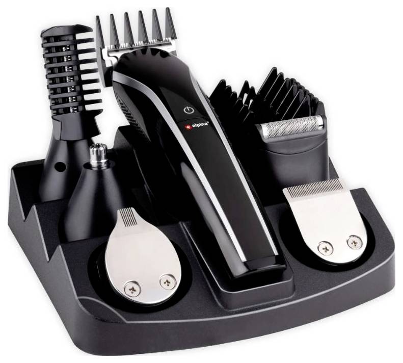Multi-purpose hair cutting set with various attachments on a charging station, suitable for hair, beard and body trimming applications.