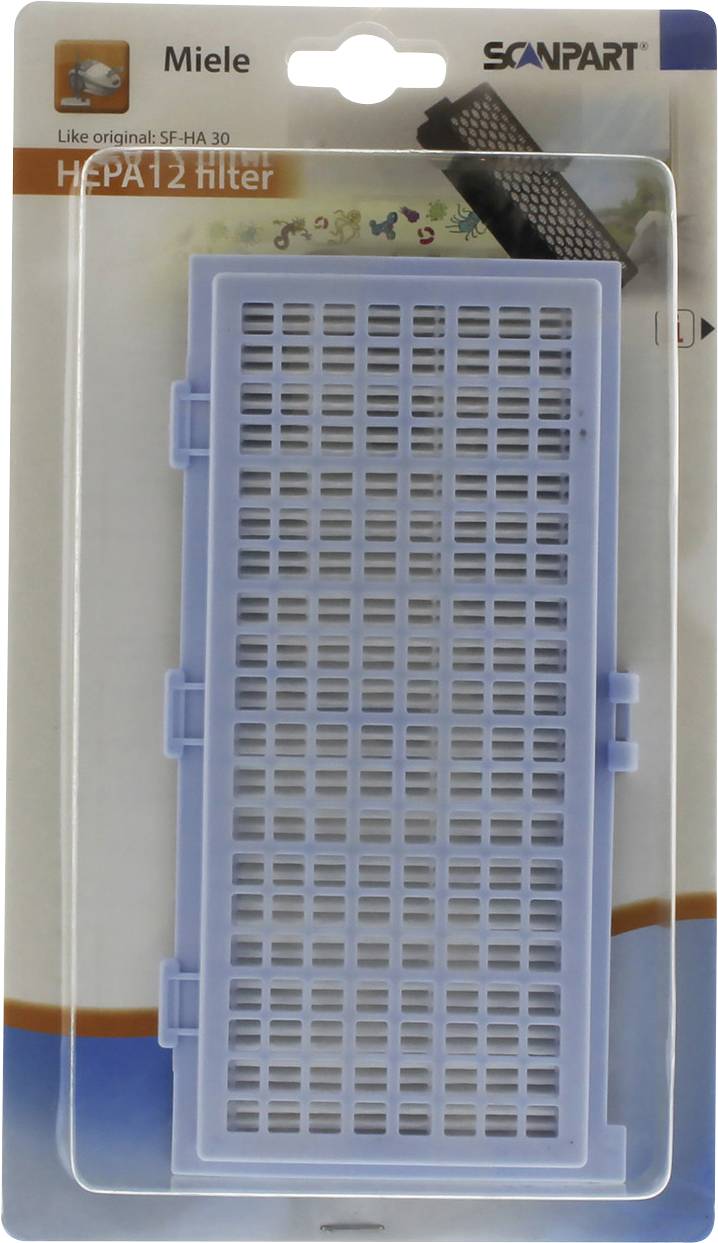 Miele Scanpart HEPA12 Filter in packaging with blue mesh design, suitable for vacuum cleaner SE-HA 30.