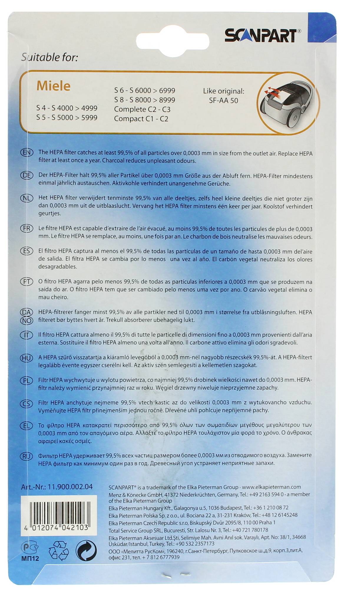 'Sanpart HEPA Filter' Packaging, suitable for various Miele vacuum cleaner models. Contains details of filter efficiency and replacement part number.