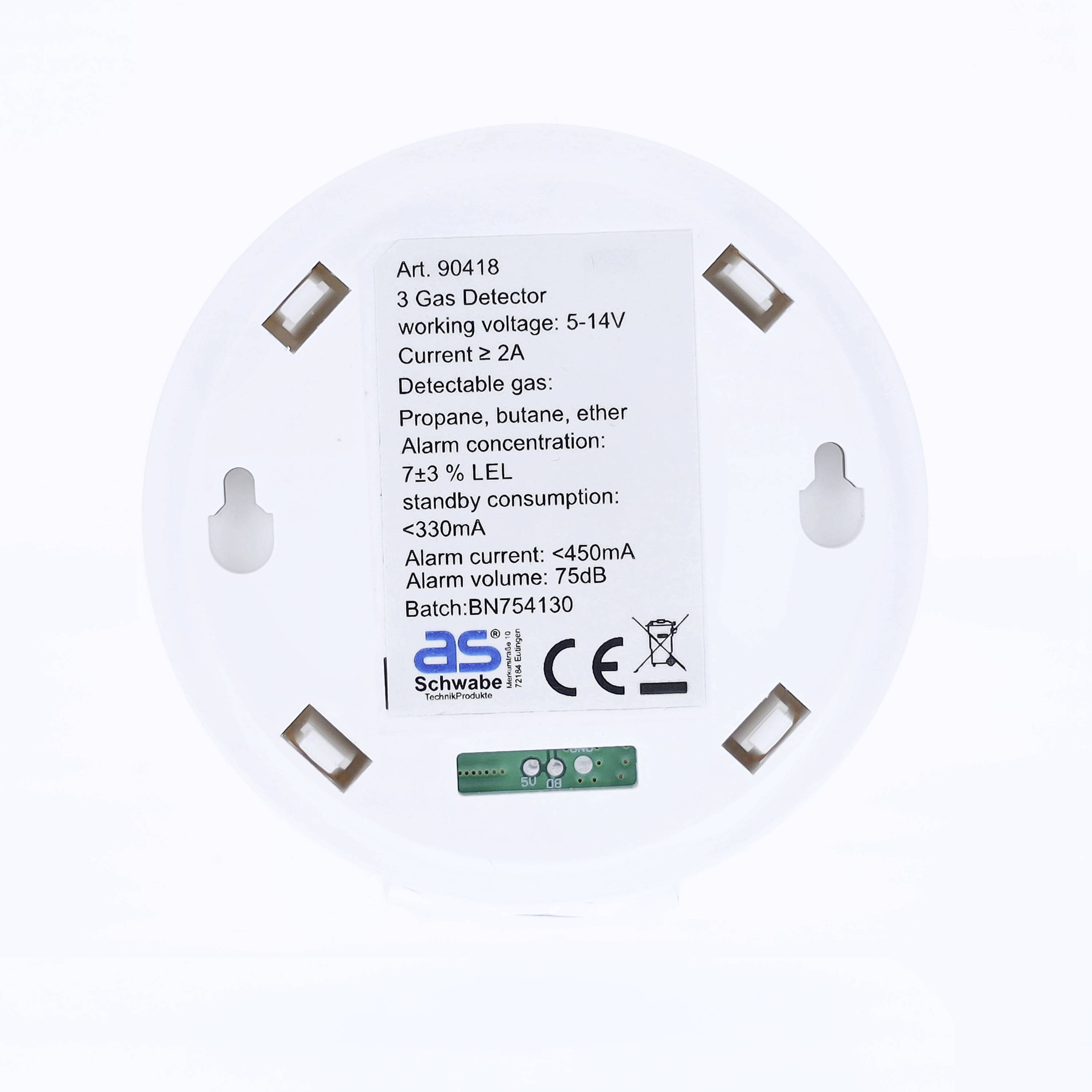 Back of a Gas Detector with Technical Specifications: Operating Current 5-14V, Detectable Gases: Propane, Butane, Alarm Volume: 75dB.
