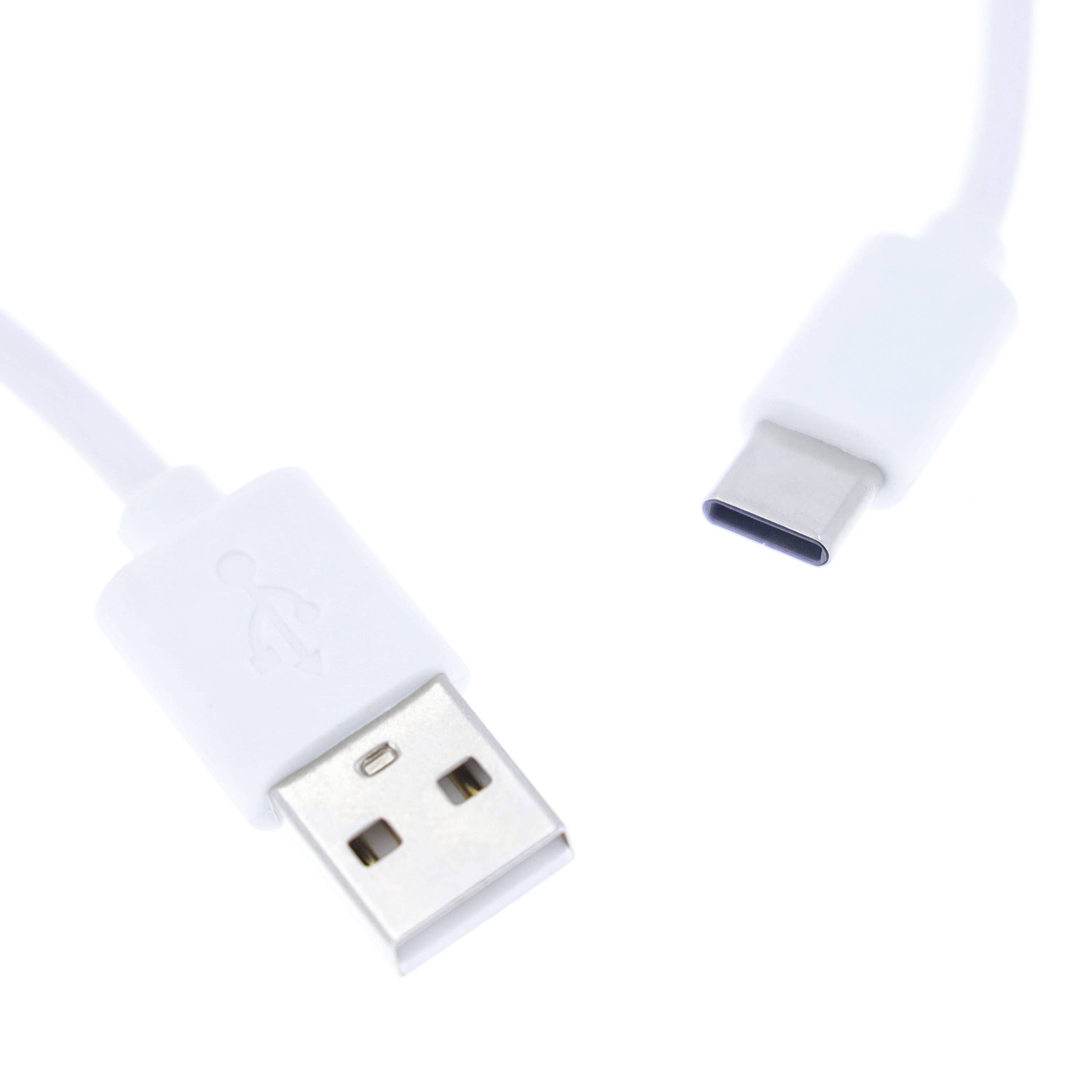 A white USB cable with a USB-A plug on one side and a USB-C plug on the other, isolated on a white background.