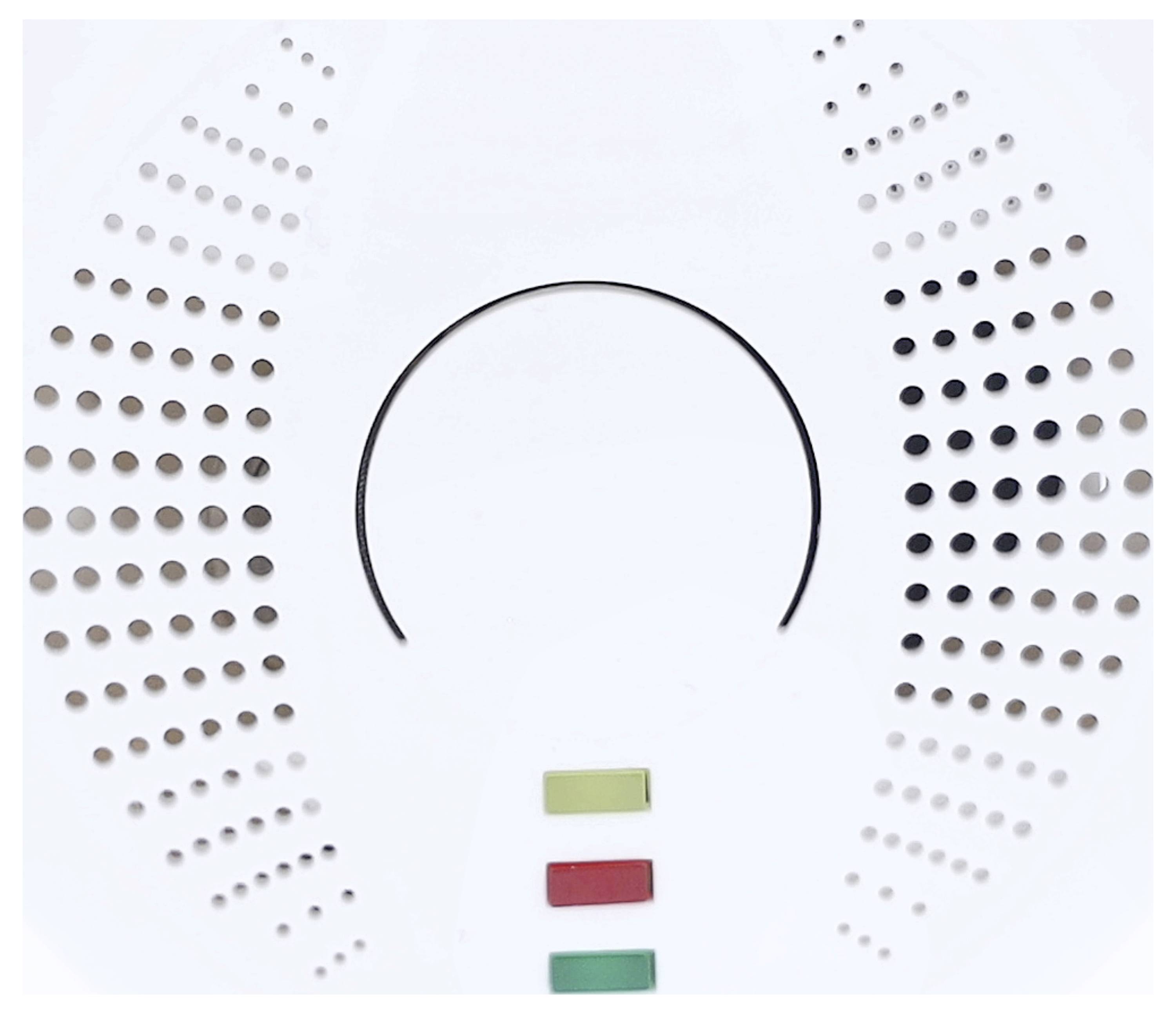 A white device with circular arranged holes and three rectangular displays in yellow, red, and green.