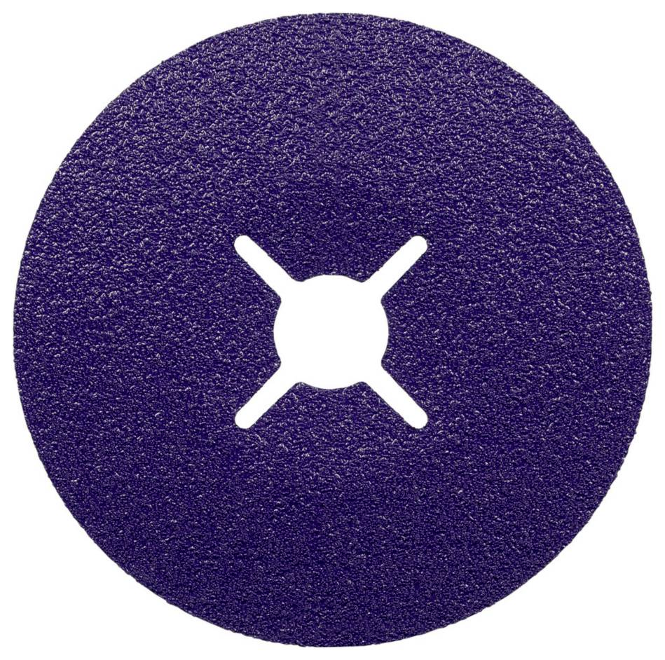 A round grinding disc with a cross-slotted opening in the centre, purple in colour, with a textured surface, for grinding work.