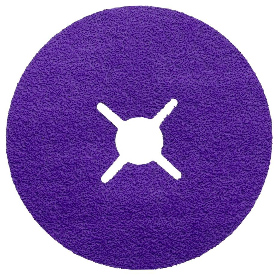 A round, purple grinding disc with a cross-shaped opening in the centre, used for grinding work on various surfaces.<br><br>Note the British English spelling of 
