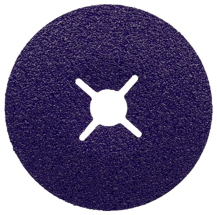 A round grinding wheel with coarse grit and a cruciform hole in the centre, suitable for metalworking.