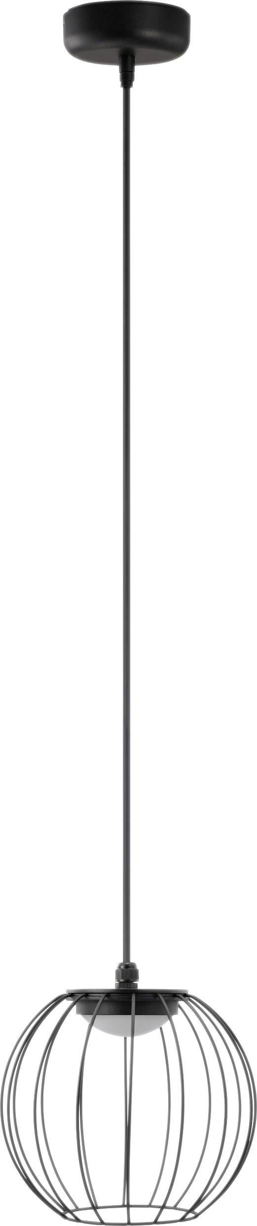 A black pendant light fixture with a spherical metal cage design and a long, straight rod connecting to the ceiling mount.