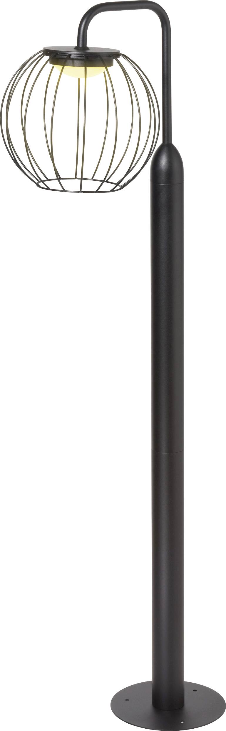 A tall, black, modern outdoor lamp post with a round, wire cage-like light fixture at the top.