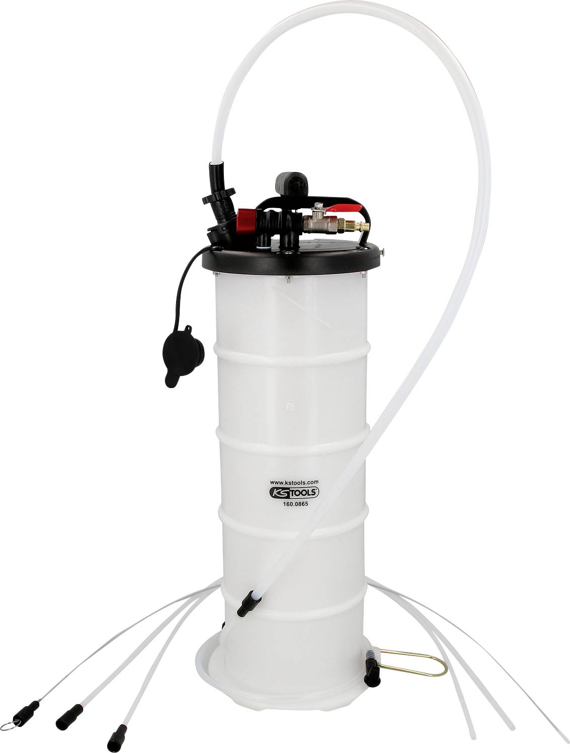 A white oil extraction container with multiple hoses and a black lid, used for removing liquids such as oil.