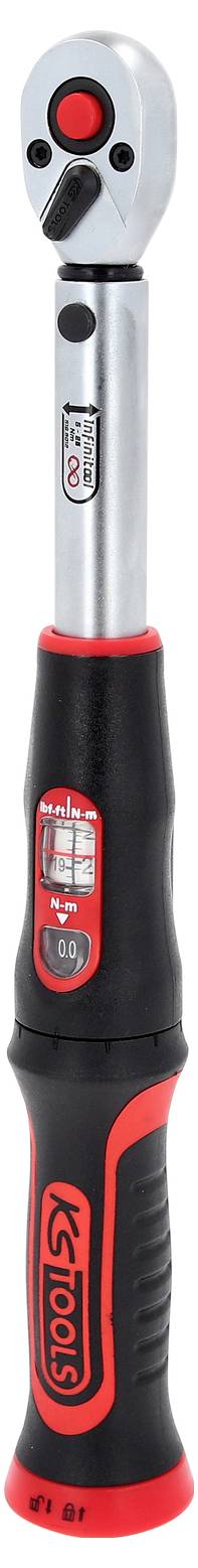 Ratchet with digital display, black handle with red accent. Suitable for precise tightening of screws and nuts.