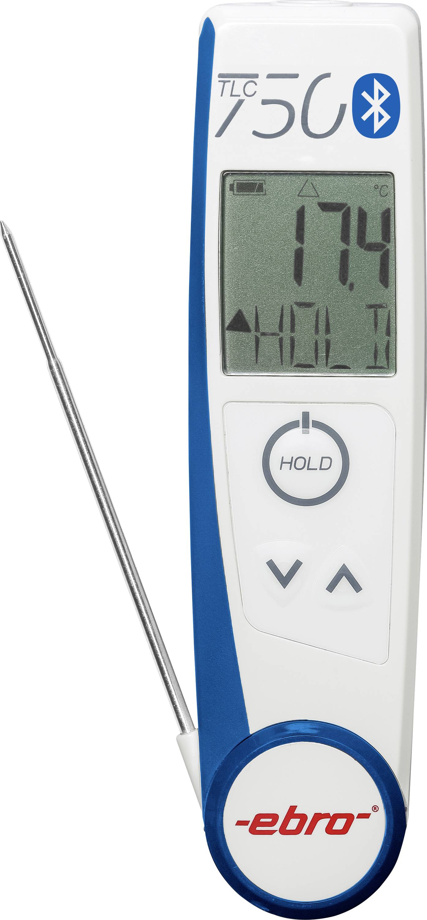 Digital thermometer with metal probe; display shows 17.4°C and 'HOLD'; Bluetooth symbol and 'ebro' brand visible.