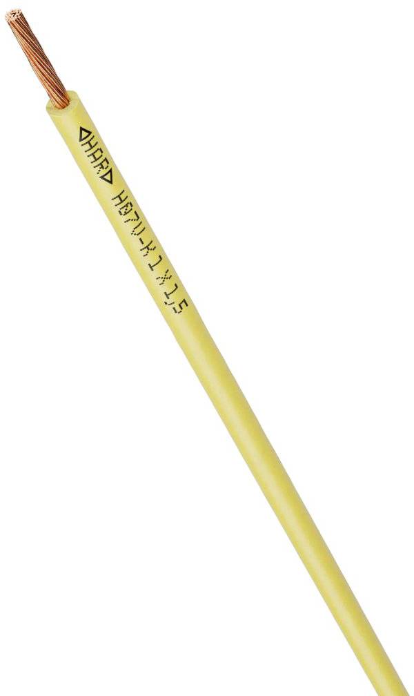 A yellow electrical cable with copper strands and black marking.