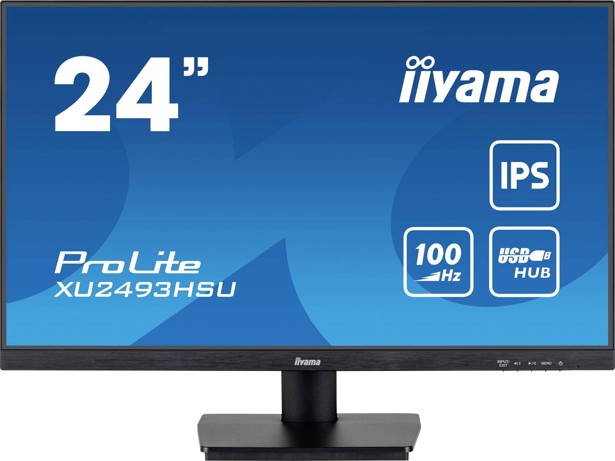 24-inch iiyama monitor, ProLite XU2493HSU model. Supports 100 Hz, IPS technology and features a USB hub.